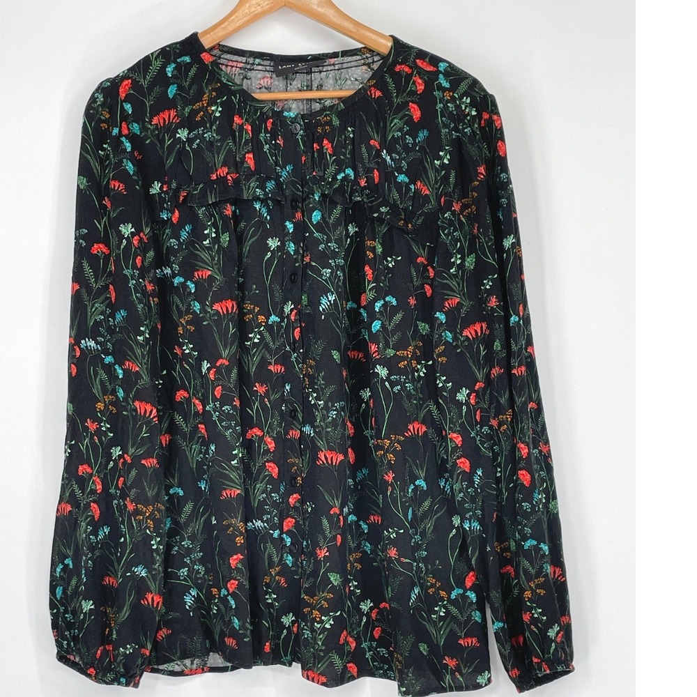 Lane Bryant Womens Blouse 14 Button Front Black Floral Ruffle Long Sleeve